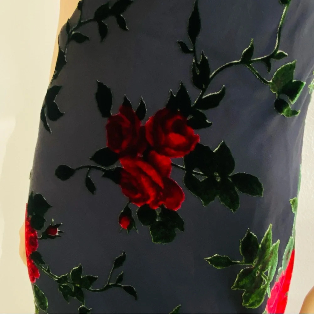 Vintage 90’s Betsey Johnson NY Dress Black Red Rose Mesh Velvet Burnout Sz L - Picture 4 of 13